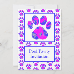 Invitation Silhouette de patte d'animal rose bleu Piscine Fêt