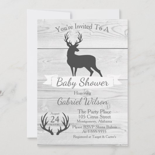 Invitation Silhouette et bois blanc de cerf gris rustique (Devant)