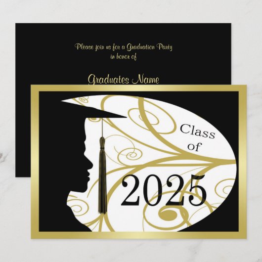 Invitation Silhouette Gold/Black Man 2025 Graduation Party (Devant / Derrière)
