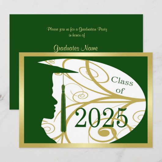 Invitation Silhouette Gold/Green Man 2025 Graduation Party (Devant / Derrière)