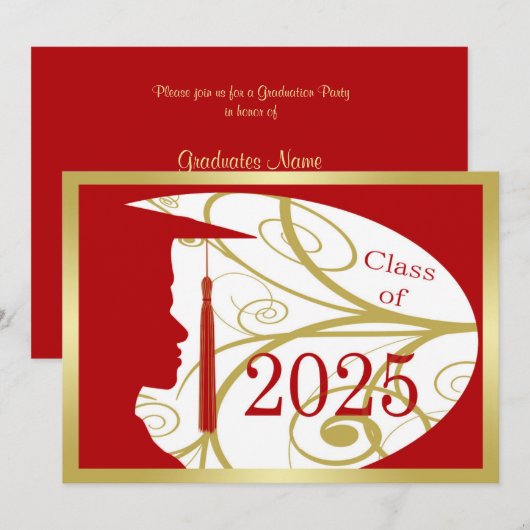 Invitation Silhouette Gold/Red Man 2025 Graduation Party (Devant / Derrière)