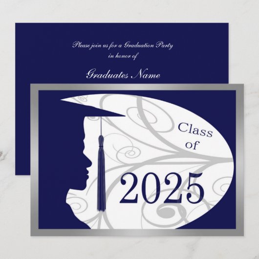 Invitation Silhouette homme argent bleu 2025 Graduation Party (Devant / Derrière)