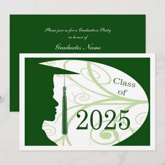 Invitation Silhouette homme blanc/vert 2025 Graduation Party (Devant / Derrière)