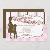 Invitation Silhouette Maman Baby shower bébé fille rose (Devant / Derrière)