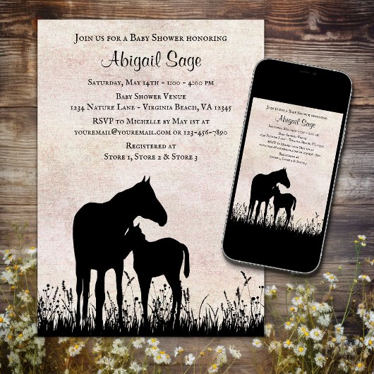 Invitation Silhouette Mare et Baby shower de Cheval Foin