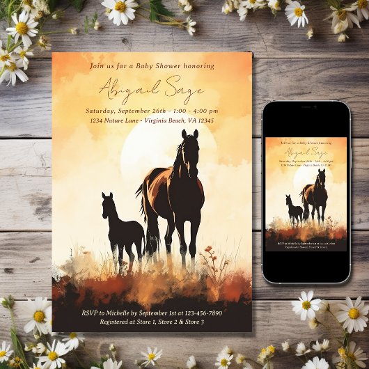 Invitation Silhouette Mare et Foie Sunset Horse Baby shower