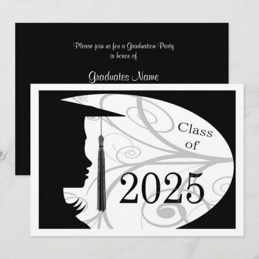 Invitation Silhouette noire et blanche 2025 Graduation Party (Devant / Derrière)