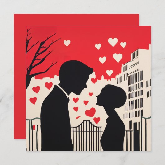 Invitation Silhouette romantique Couple Coeurs Cityscape (Devant / Derrière)