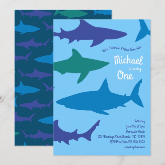 Invitation Silhouettes de requin mignonnes Enfants 1er annive (Devant / Derrière)