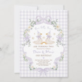 Invitation Silly Geese Twins Purple Bow Gingham Birthday (Devant)