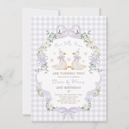 Invitation Silly Geese Twins Purple Bow Gingham Birthday (Devant)