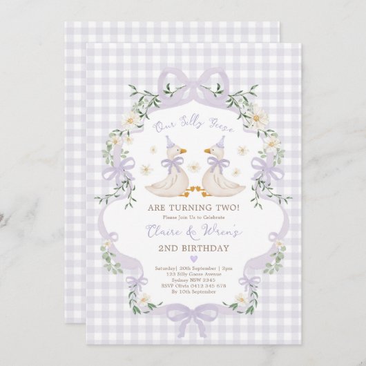 Invitation Silly Geese Twins Purple Bow Gingham Birthday (Devant / Derrière)
