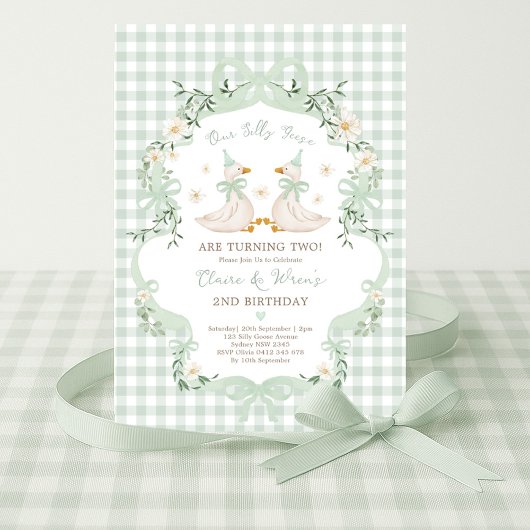 Invitation Silly Geese Twins Sage Green Bow Gingham Birthday