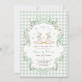 Invitation Silly Geese Twins Sage Green Bow Gingham Birthday (Devant)