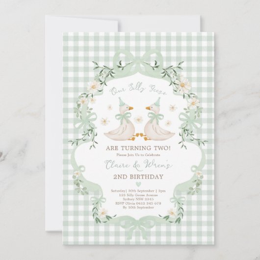 Invitation Silly Geese Twins Sage Green Bow Gingham Birthday (Devant)