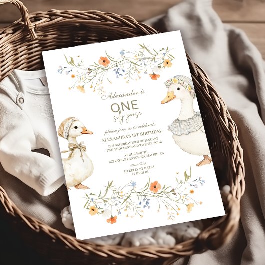Invitation Silly Goose 1er anniversaire Neutre Floral