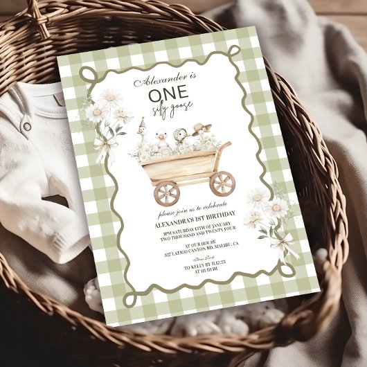 Invitation Silly Goose 1st Birthday Green Gingham