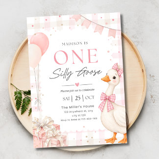 Invitation Silly Goose 1st Birthday Party Girl Pink Gingham