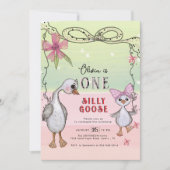 Invitation Silly Goose 1st Birthday Pink Bow Green Coquette  (Devant)