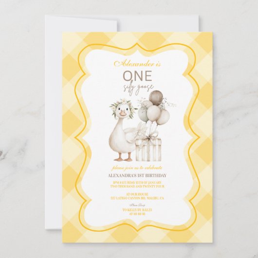 Invitation Silly Goose 1st Birthday Yellow Gingham (Devant)