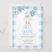 Invitation Silly Goose 3rd Birthday Blue Bow Gingham Balloon  (Devant)