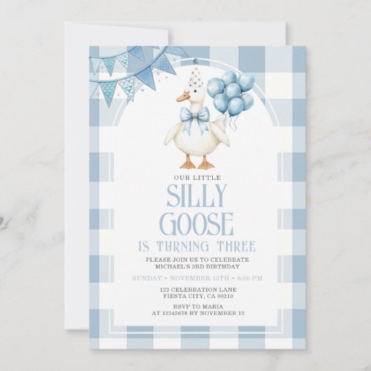 Invitation Silly Goose 3rd Birthday Blue Bow Gingham Balloon  (Devant)