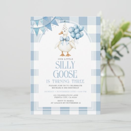 Invitation Silly Goose 3rd Birthday Blue Bow Gingham Balloon  (Debout devant)