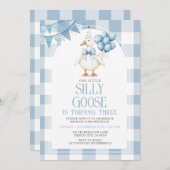 Invitation Silly Goose 3rd Birthday Blue Bow Gingham Balloon  (Devant / Derrière)