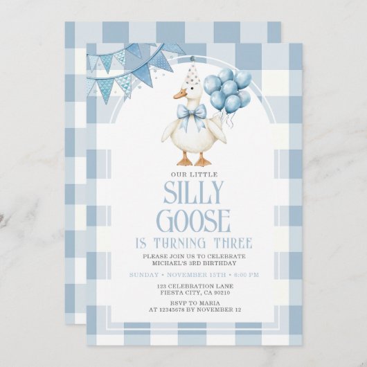 Invitation Silly Goose 3rd Birthday Blue Bow Gingham Balloon  (Devant / Derrière)