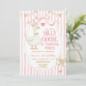 Invitation Silly Goose 3rd Birthday Pink Bow Stripe Balloon  (Debout devant)