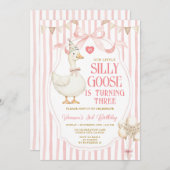 Invitation Silly Goose 3rd Birthday Pink Bow Stripe Balloon  (Devant / Derrière)