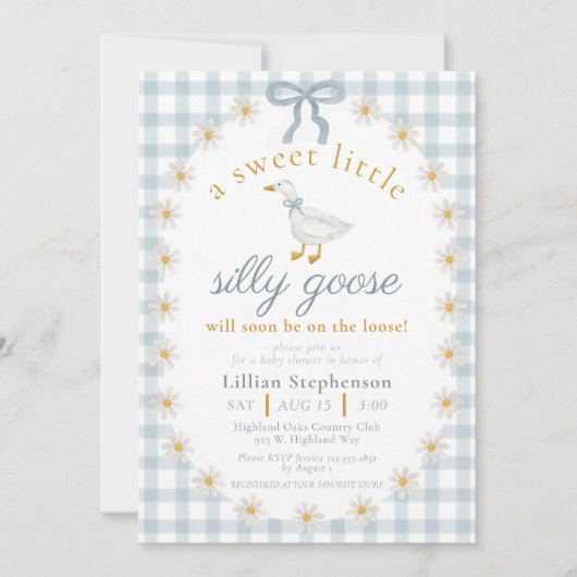 Invitation Silly Goose Blue Bow Daisy Gingham Baby Shower (Devant)