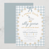 Invitation Silly Goose Blue Bow Daisy Gingham Baby Shower (Devant / Derrière)