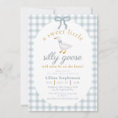 Invitation Silly Goose Blue Bow Duck Gingham Baby Shower (Devant)