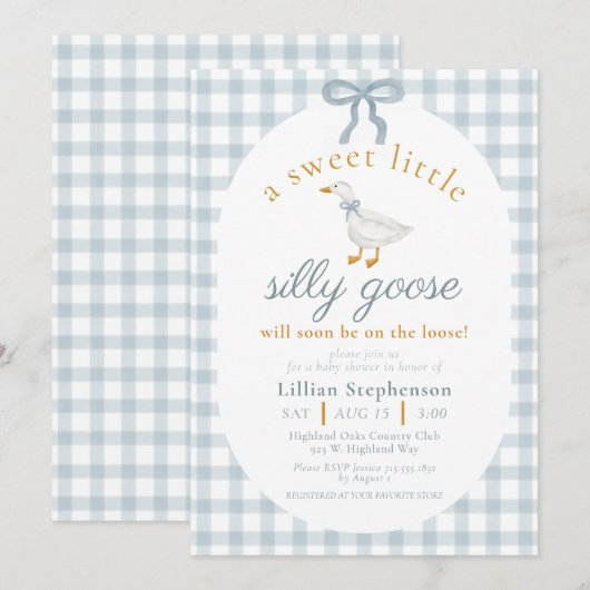 Invitation Silly Goose Blue Bow Duck Gingham Baby Shower (Devant / Derrière)