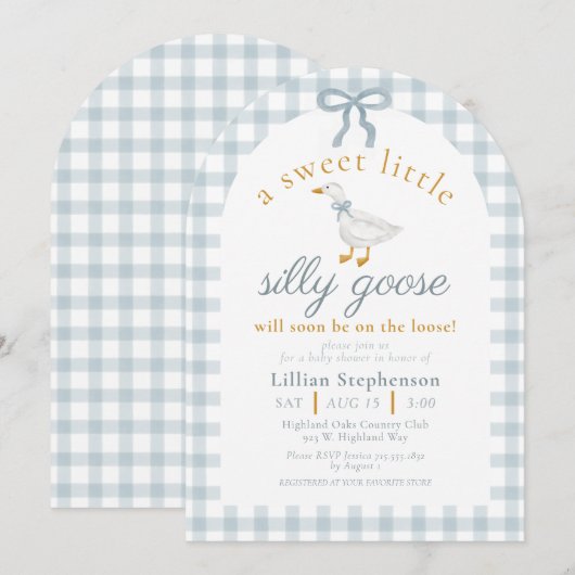 Invitation Silly Goose Blue Bow Duck Gingham Baby Shower Arch (Devant / Derrière)
