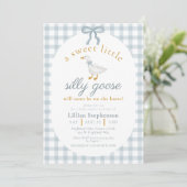 Invitation Silly Goose Blue Bow Gingham Baby Shower QR Code (Debout devant)