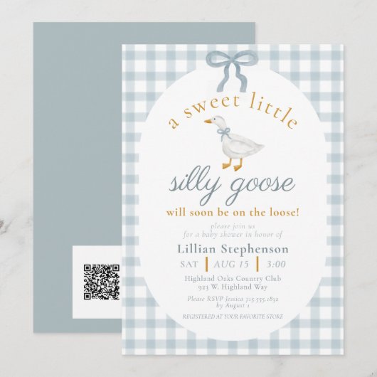 Invitation Silly Goose Blue Bow Gingham Baby Shower QR Code (Devant / Derrière)