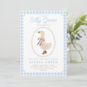 Invitation Silly Goose Blue En vichy Baby shower garçon (Debout devant)