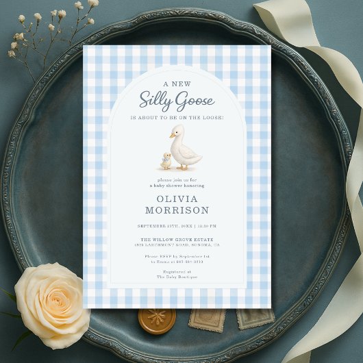 Invitation Silly Goose Blue Gingham Baby Shower