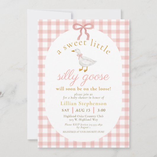 Invitation Silly Goose Blush Pink Bow Gingham Baby Shower  (Devant)
