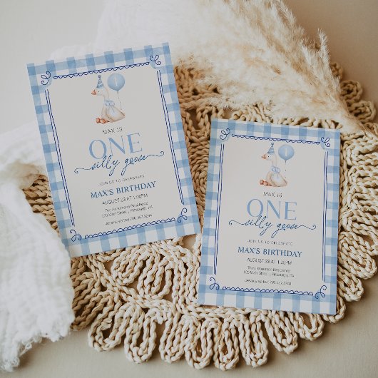 Invitation Silly Goose First Birthday Blue Gingham Boy