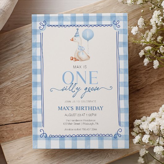 Invitation Silly Goose First Birthday Blue Gingham Boy 