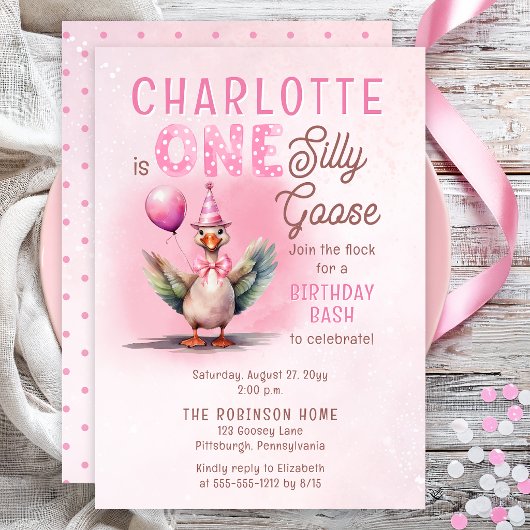 Invitation Silly Goose First Birthday Pink Girl Party