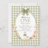 Invitation Silly Goose Floral Green Gingham 1st Birthday (Devant)