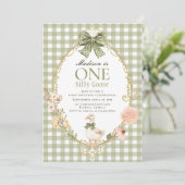 Invitation Silly Goose Floral Green Gingham 1st Birthday (Debout devant)