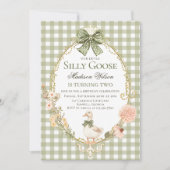 Invitation Silly Goose Floral Green Gingham Birthday Party (Devant)