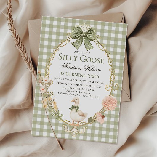 Invitation Silly Goose Floral Green Gingham Birthday Party