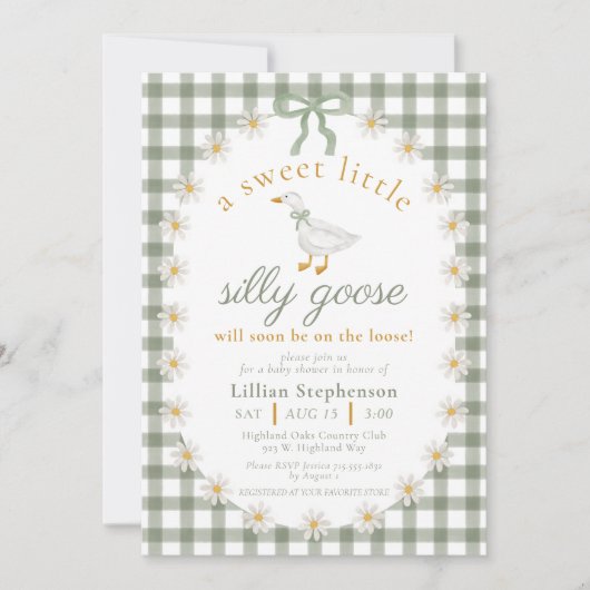 Invitation Silly Goose Green Bow Daisy Gingham Baby Shower (Devant)