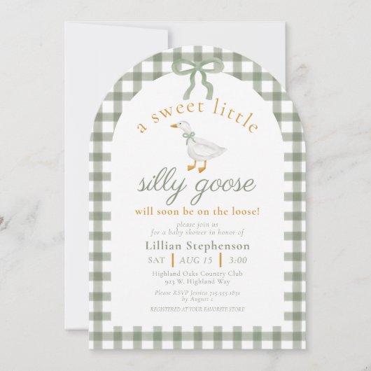 Invitation Silly Goose Green Gingham Bow Baby Shower Arch (Devant)